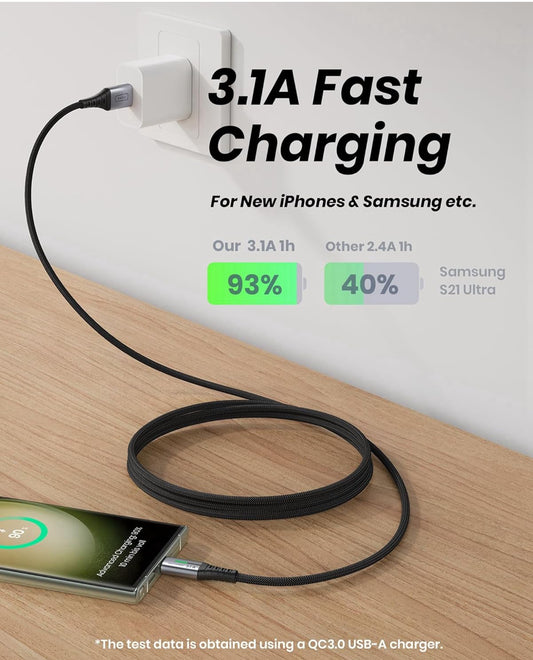 INIU USB na USB C-kabel, [3 Pak, 2m+0.5m] 3.1A Tipe C-koord Vinniglaai, Nylon USB A na USB-C Android Laaierkabel vir Samsung Galaxy S24 S23 S22 S21 S10 S9 iPhone 16 15 Pro Pixel 9 8 7 ens.