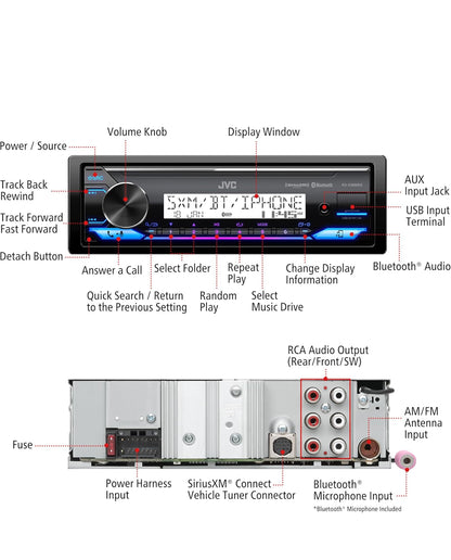 JVC KD-X38MBS Motor- en Maritieme Digitale Media-Ontvanger met Bluetooth, USB, SiriusXM Gereed, Versoenbaar met Amazon Alexa, Konformeel Bedekte PCB