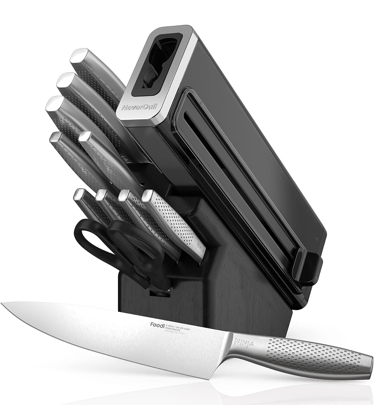 Ninja K62012 Foodi NeverDull Premium 12-stuk Duitse vlekvrye staal messtelsel met ingeboude skerpmaker, vlekvrye staal/swart