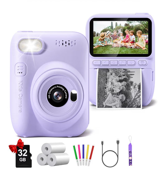 Instant Print Camera 3.0" HD 32MP Kids 1080P w/ 3 Rolls of Printer Paper 32GB SD Card (Purple)