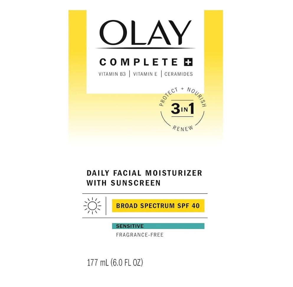 Olay Complete+ Gesigbevogtiger met Sonskerm SPF 40, Vir Sensitiewe Vel, Breëspektrum Voed Vogversperring - Ceramiede 6 Oz