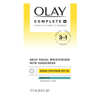 Olay Complete+ Gesigbevogtiger met Sonskerm SPF 40, Vir Sensitiewe Vel, Breëspektrum Voed Vogversperring - Ceramiede 6 Oz