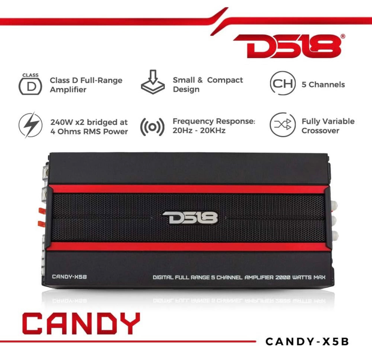 DS18 CANDY-X5B Class D  5 Channels, 2000 Watts Max W/ Remote Sub Level Controller -NEW
