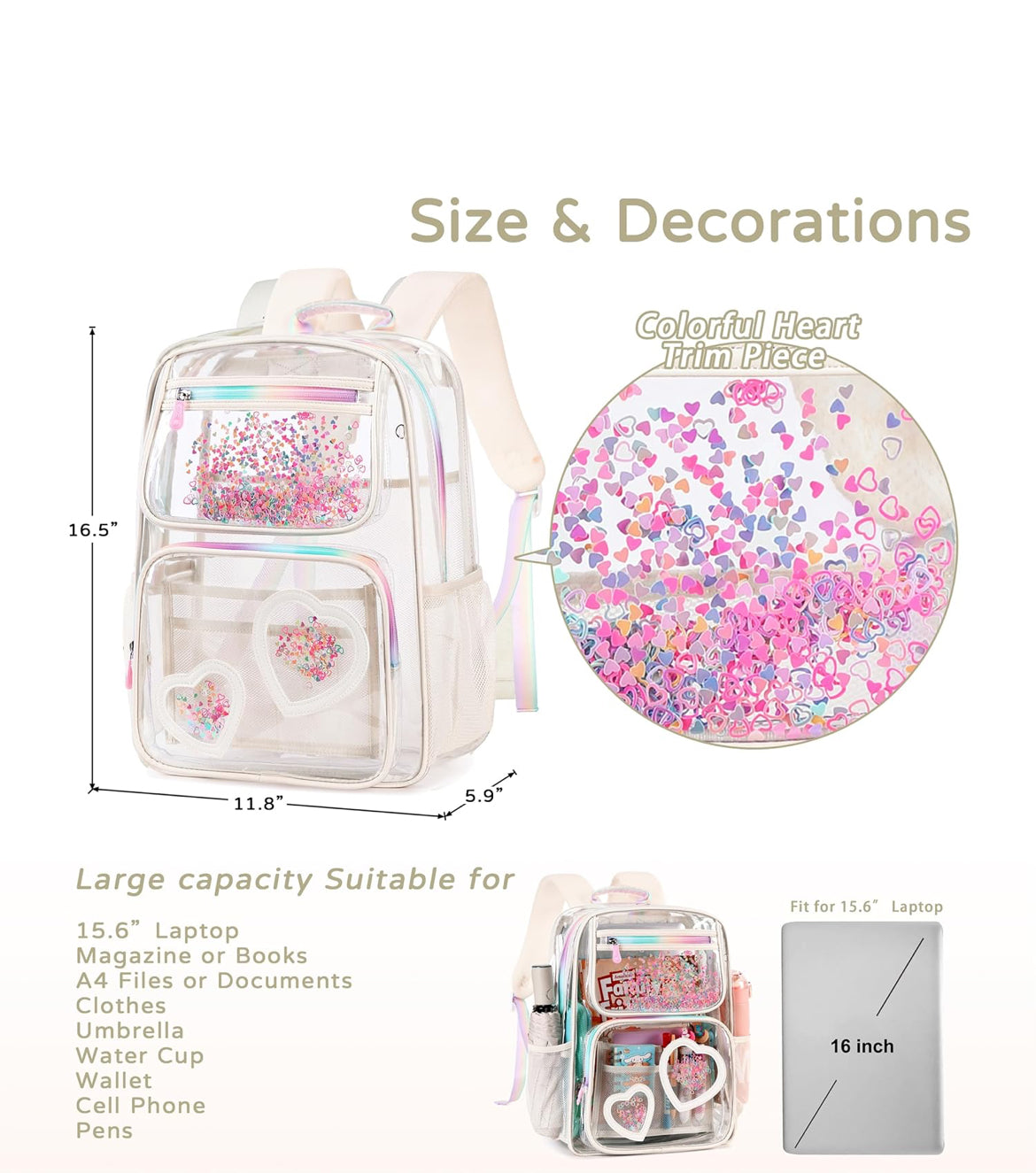 Clear Backpack for Girls Women Transparent Kids Elementary College School Bag Travel Laptop Backpacks Large Bookbags (Off-white)