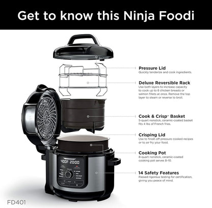 Ninja FD401 LP3 Foodi 12-in-1 Deluxe XL 8 qt. Drukkoker en Lugbraaier wat Stoom, Stadig Kook, Skroei, Soteer, Dehidreer en Meer, met 5 qt. Knapperige Mandjie, Omkeerbare Rak en Resepteboek, Silwer