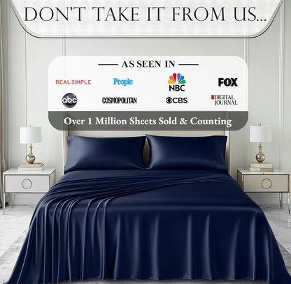 DECOLURE Satin Bed Sheets - 4 Piece Luxury Silky Queen Size Bedding Set - Softer Than Silk, Wrinkle-Free with 15” Deep Pocket Fitted Sheet, Perfect for Hair & Skin, Gifts for Women (Navy Blue)