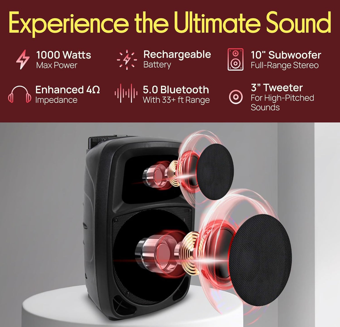 1000W Draagbare Bluetooth PA Luidspreker, 10'' Subwoofer, UHF Koordlose Mikrofoon, MP3/USB/SD, Herlaaibare Battery, LED Batteryaanwyserligte