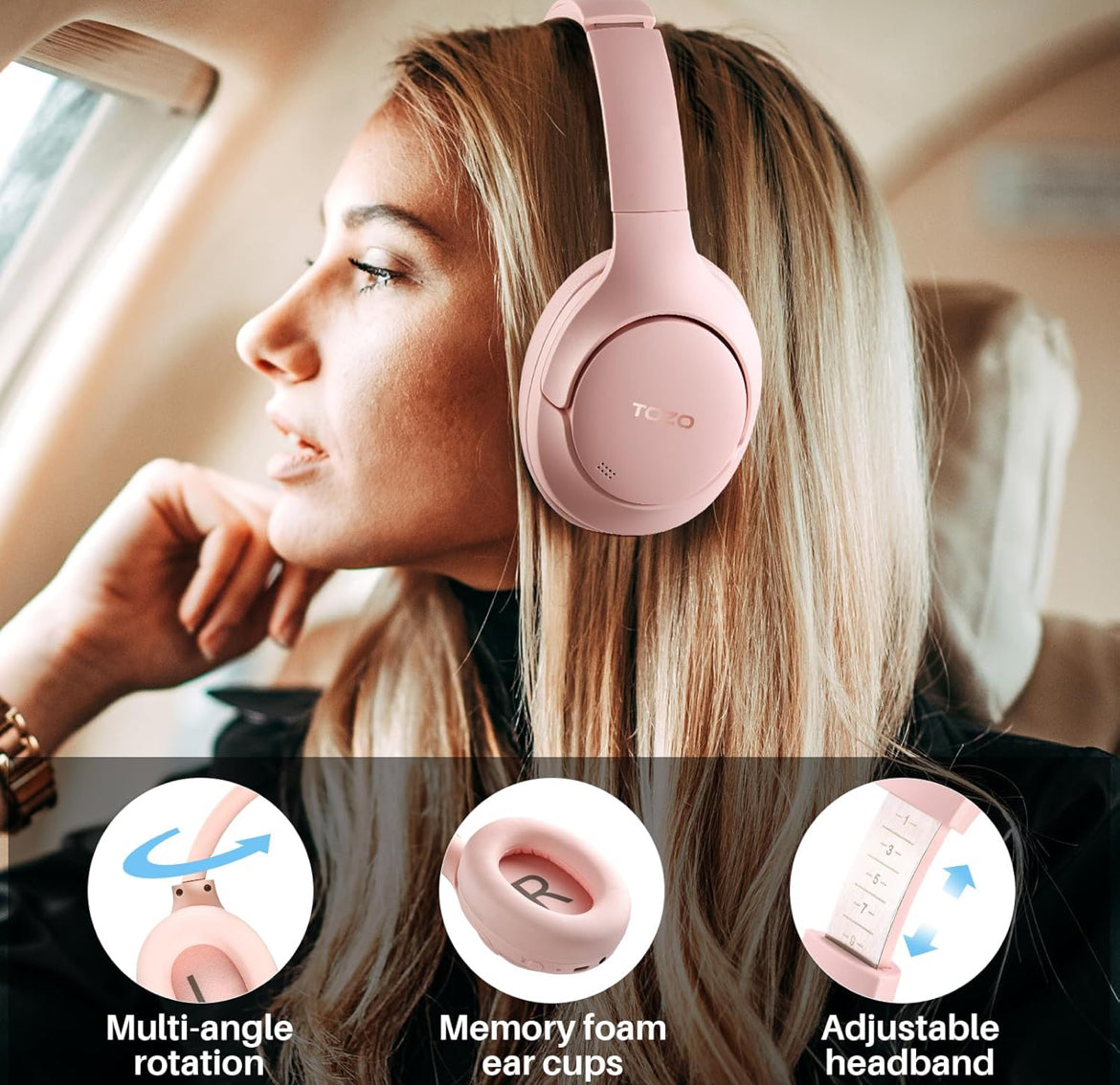 Hybrid Active Noise Cancelling Headphones, Wireless Over Ear Bluetooth, 40H Playtime, Hi-Res Audio Custom EQ, Comfort Fit Ear Cups (Pink)