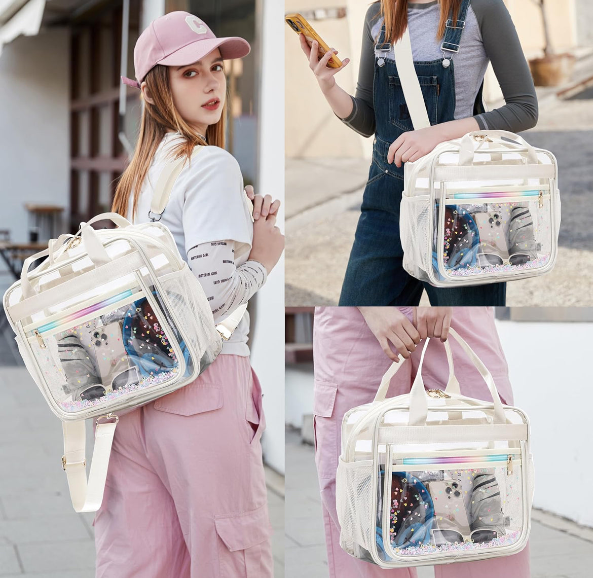 Clear Beach Bag Travel Tote Transparent Backpack for Women Girls Stadium Approved Crossbody Messenger Shoulder Handbag