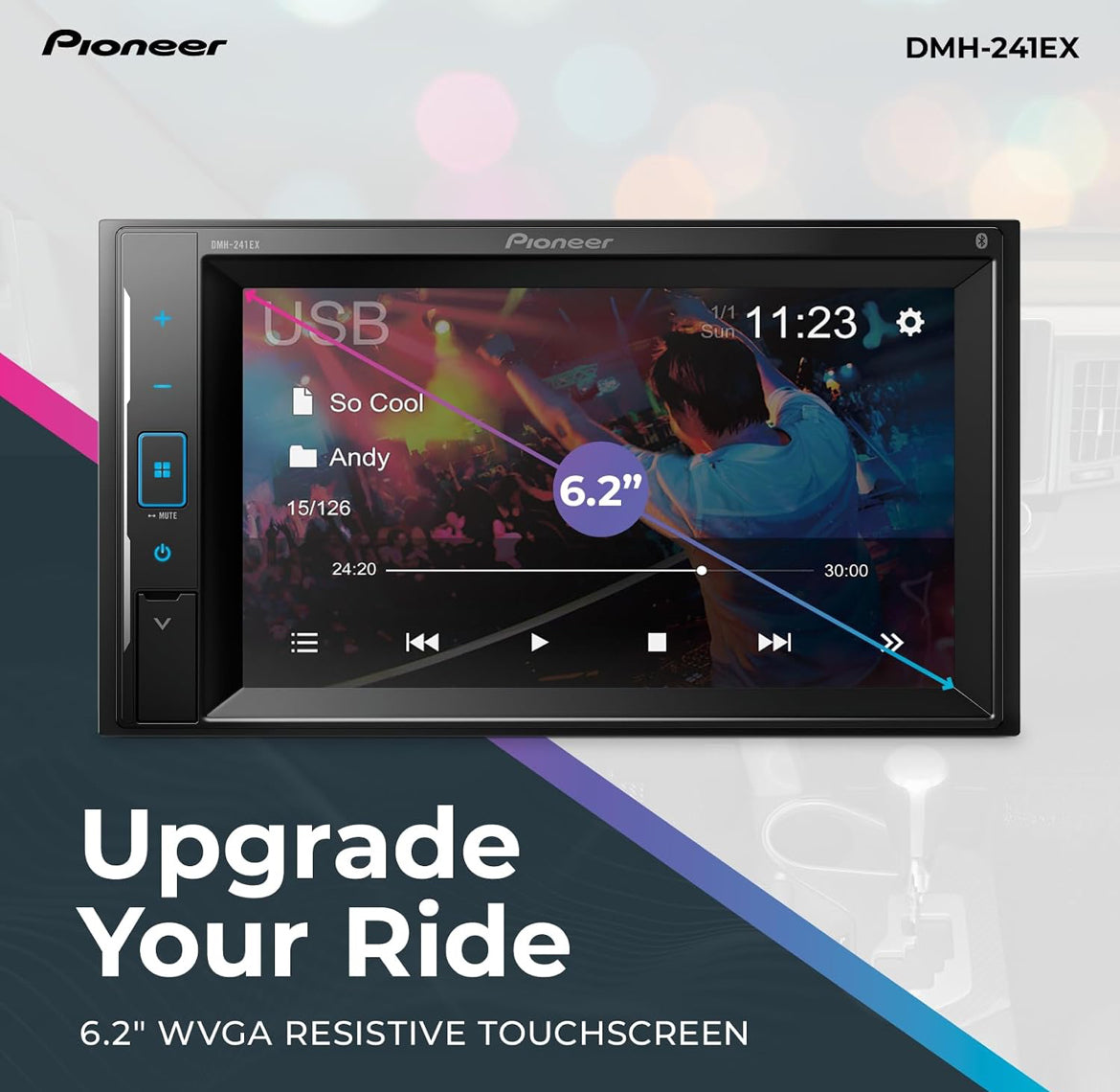 Pioneer 6.2" Resistive Touchscreen Double Din Car StereoDigital Multimedia Receiver, Bluetooth, Backup Camera, AM/FM Radio, FLAC, USB, Short Chassis, 13-Band EQ, 50W x 4 Output