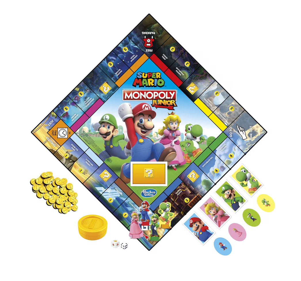 Monopoly Junior Super Mario Edition Board Game - Explore The Mushroom Kingdom as Mario, Peach, Yoshi, or Luigi