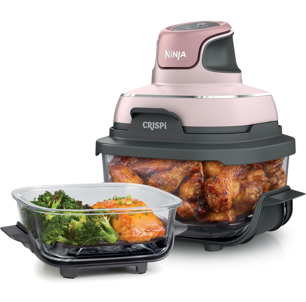 Ninja Crispi 4-in-1 Portable Glass Air Fryer Cooking System, 4 QT & 6 Cup Glass Containers with Storage Lids- Pink, FN101PK