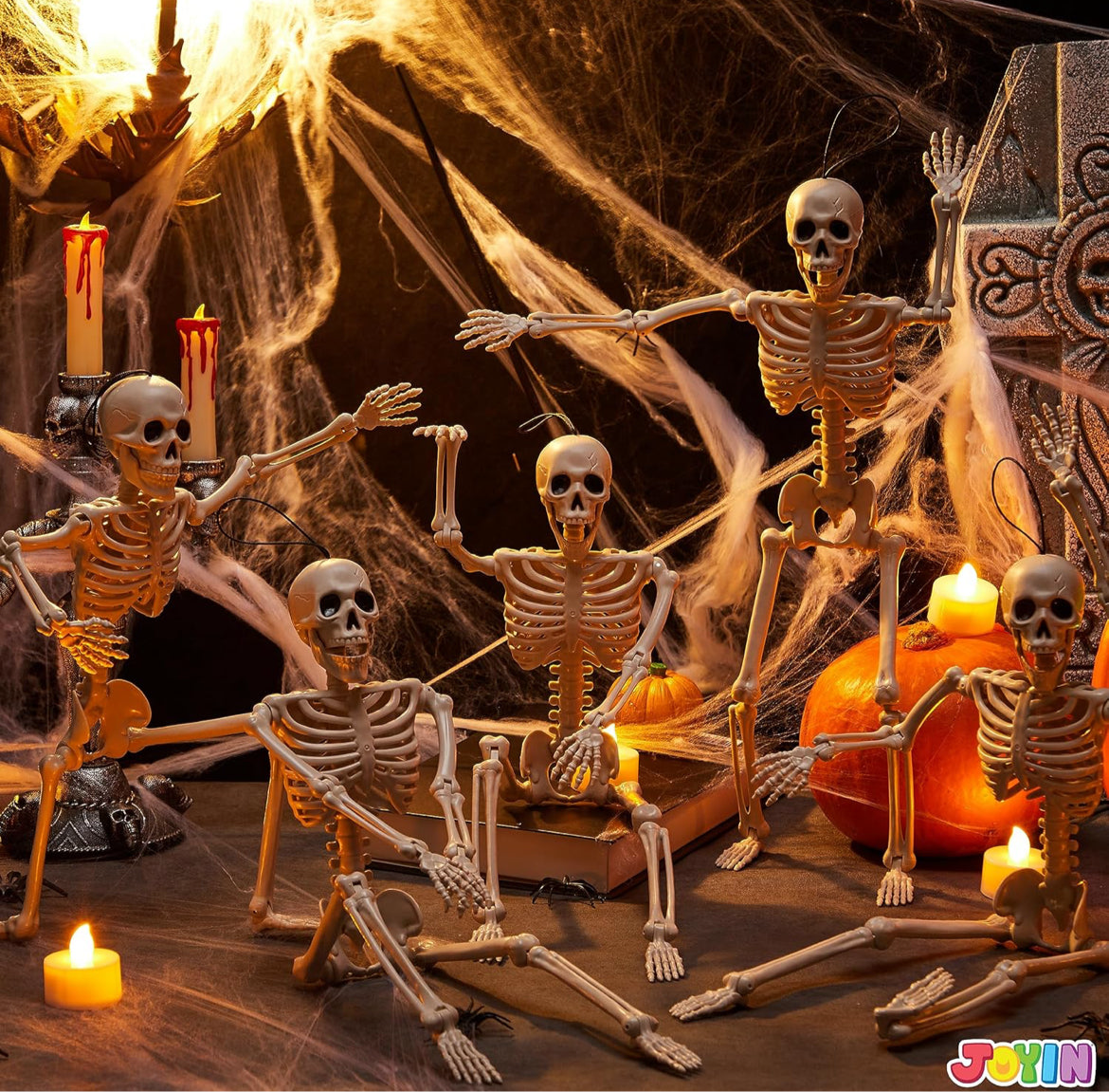 JOYIN 5 STK Verstelbare Halloween Skelet Dekor 40 cm, Volle Liggaam Verstelbare Gewrigte Hangende Skelette vir Halloween Versierings, Begraafplaas Rekwisiete, Spookhuis Bykomstighede, Grillerige Toneel Partytjie Geskenke