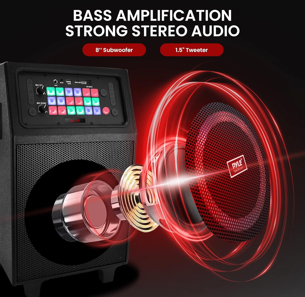Portable Karaoke PA Speaker System - 600W 8” Rechargeable TWS, Party Lights, LED Display, FM/AUX/MP3/USB/SD, Wheels - Wireless Mic, Remote Control, Tablet Holder Included
