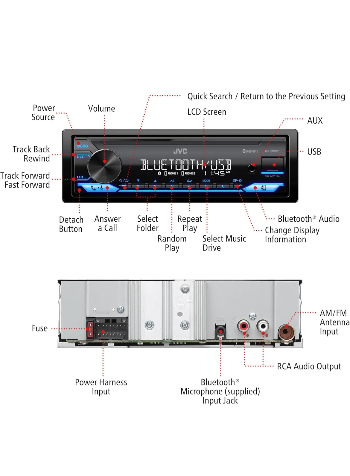 JVC KD-SX27BT Kar Stereo met Bluetooth, 100W Digitale Media Ontvanger, 1.5A USB om Toestelle te Laai, Enkel DIN Hoofeenheid, AM/FM, Aux-in, JVC Afstandsbeheer App