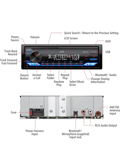 JVC KD-SX27BT Kar Stereo met Bluetooth, 100W Digitale Media Ontvanger, 1.5A USB om Toestelle te Laai, Enkel DIN Hoofeenheid, AM/FM, Aux-in, JVC Afstandsbeheer App