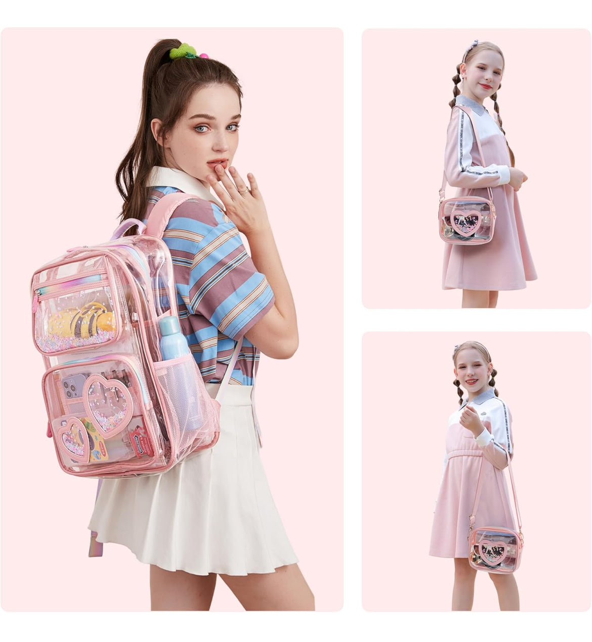 Girls Clear Backpack,2 PCS Large Backpacks Set,Heavy Duty Bookbag Stadium Approved Daypack Transparent Women Bag See Through Daypack for Kids Elementary Middle School Students Teens Sport Pink