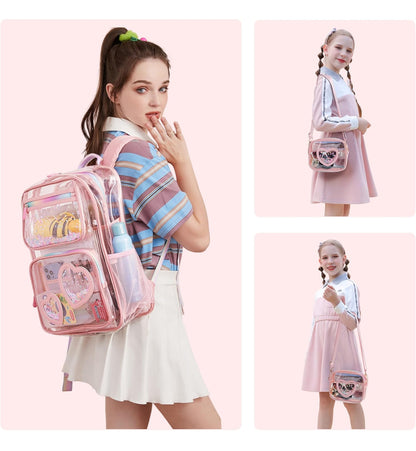 Girls Clear Backpack,2 PCS Large Backpacks Set,Heavy Duty Bookbag Stadium Approved Daypack Transparent Women Bag See Through Daypack for Kids Elementary Middle School Students Teens Sport Pink