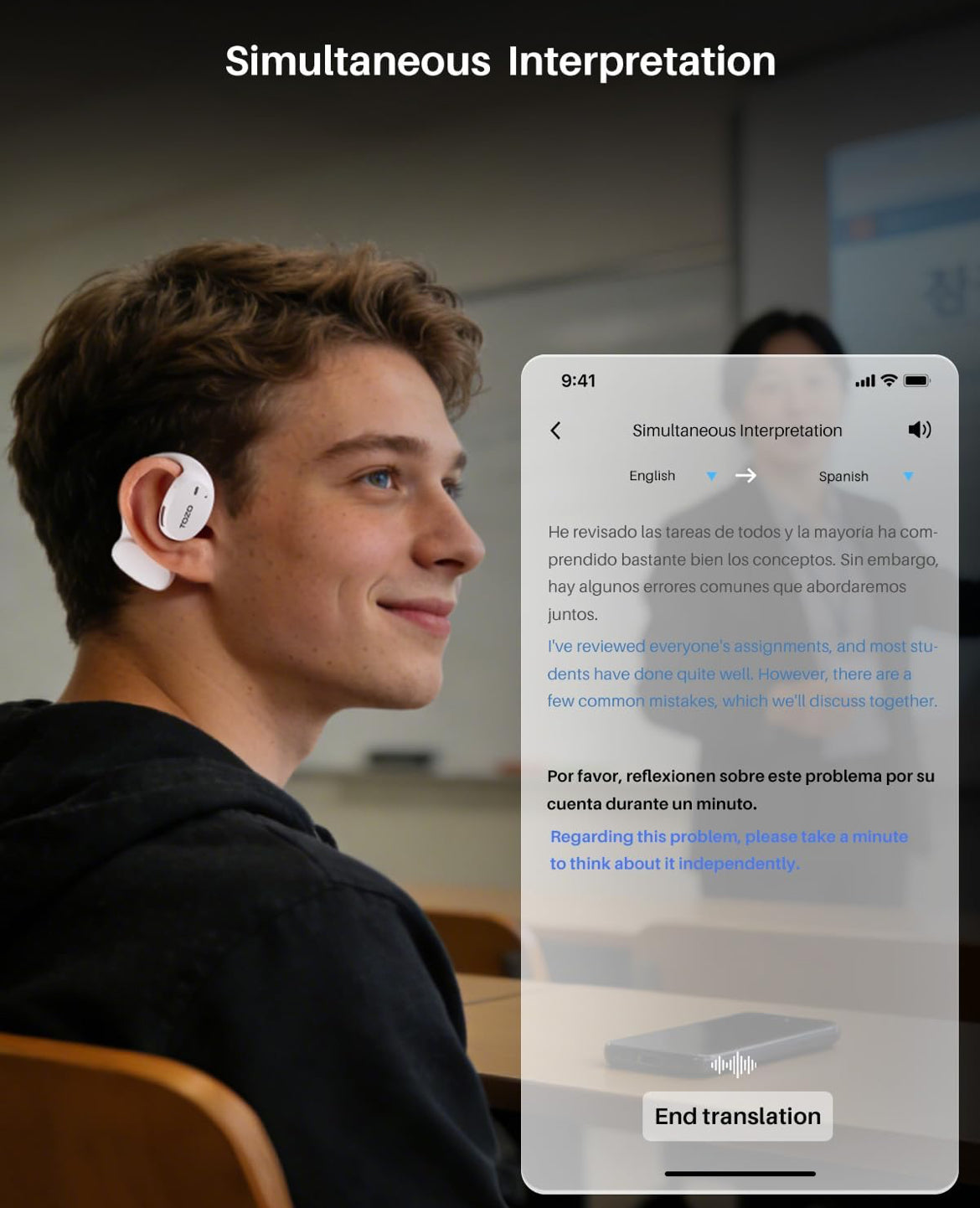 Open Ear Earbuds Bluetooth, AI Translation w/ Real-Time 100+ Languages Translation - White