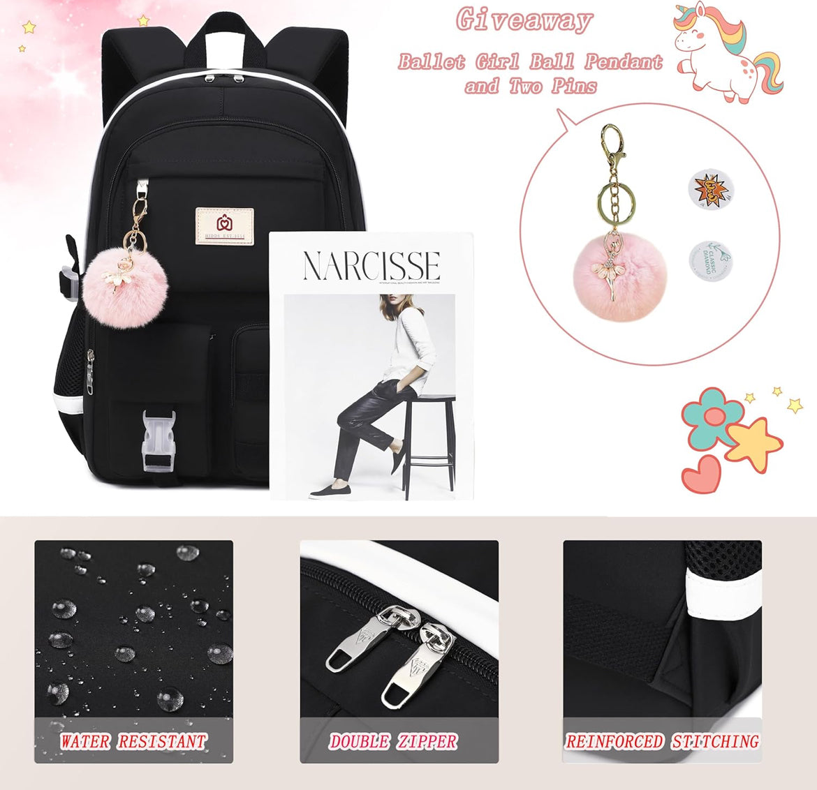 Backpack for Girls Laptop Backpacks 15.6 Inch College Cute Bookbag Anti Theft Primary Elementary School Bag Casual Daypack for Students Teens Girl Women (Black)