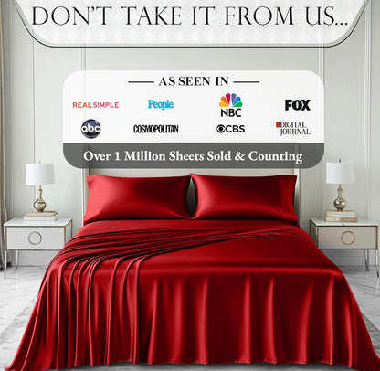 DECOLURE Satin Bed Sheets - 4 Piece Luxury Silky Queen Size Bedding Set - Softer Than Silk, Wrinkle-Free with 15” Deep Pocket Fitted Sheet, Perfect for Hair & Skin, Gifts for Women (Red)