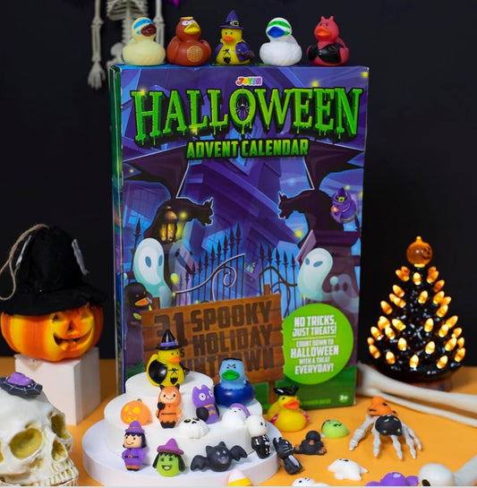 JOYIN Halloween Adventskalender 2025 met Verrassing Speelding, 31 Dae Vakansie Aftelling na Halloween met Mochi en Verrassing Rubber Eend, Aftelling Kalender Speelding vir Kinderpartytjie Gunsies, Soet of Suur