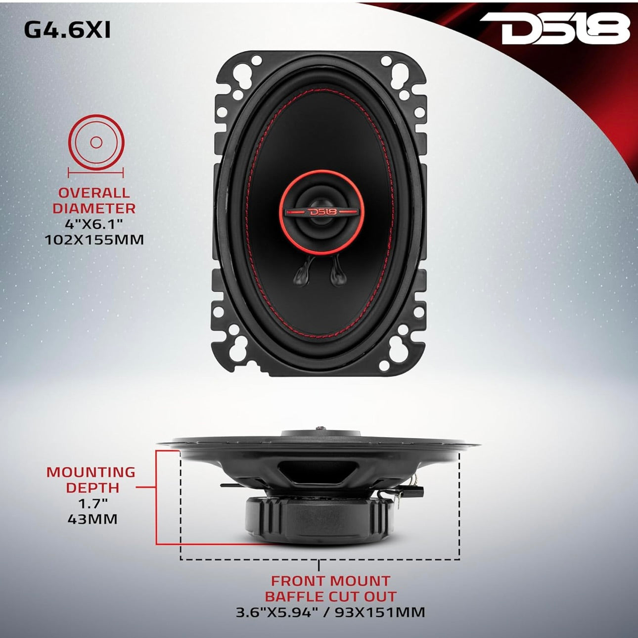 DS18 G4.6Xi GEN-X 4x6 INCH 2-Way Coaxial Speakers 135 Watts Max Power 4-Ohm - PAIR