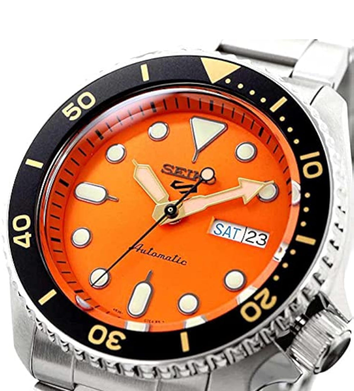 Montre Automatique SEIKO 5 Sports - Calendrier Jour/Date, Aiguilles et Index LumiBrite, Lunette Rotative, Étanche 100m - Orange