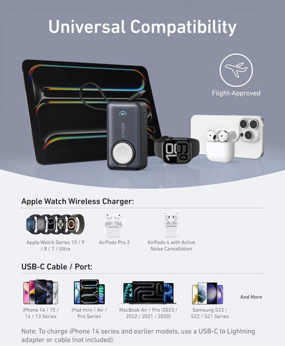 Anker MagGo Power Bank vir Apple Watch, Amptelik Gesertifiseer, 10 000 mAh Kompakte Battery - Swart