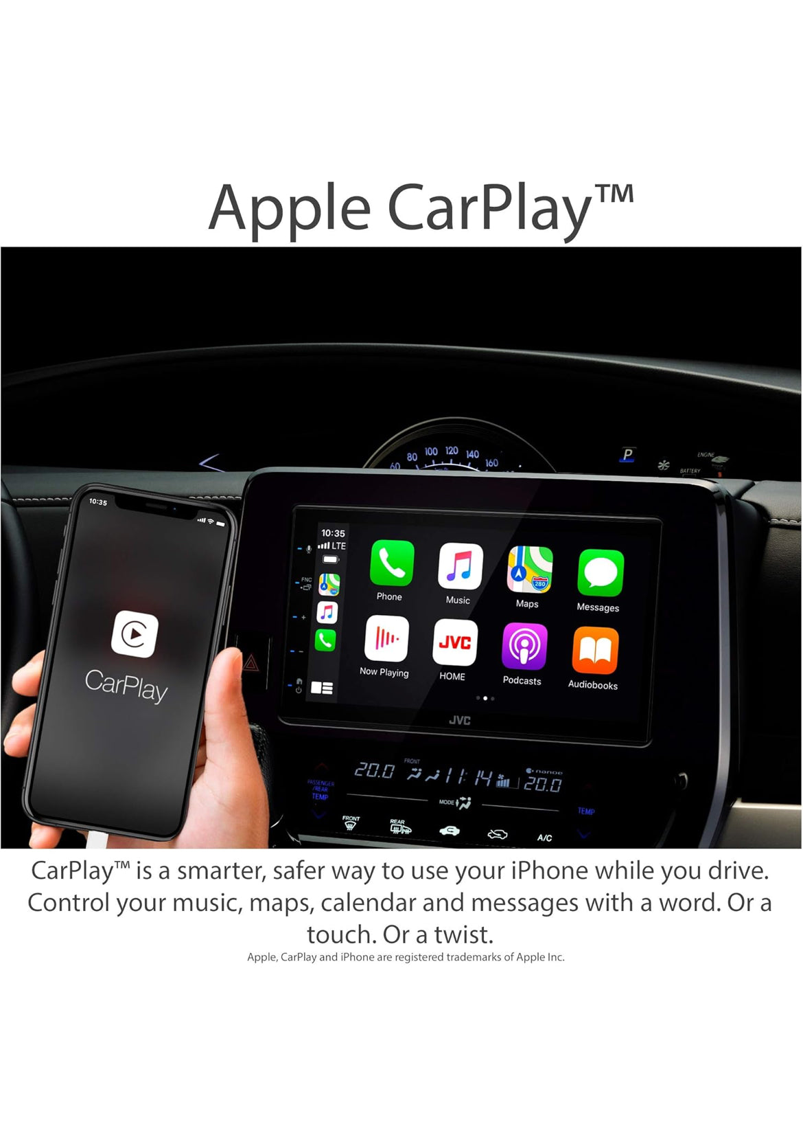 JVC KW-M56BT Apple CarPlay Android Auto Multimedia Speler met 6.8" Kapasitiewe Raakskerm, Bluetooth Oudio en Handsfree Oproepe, MP3 Speler, Dubbel DIN, 13-Band EQ, SiriusXM, AM/FM Motorradio