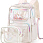 Girls Clear Backpack,2 PCS Large Backpacks Set,Heavy Duty Bookbag Stadium Approved Daypack Transparent Women Bag See Through Daypack for Kids Elementary Middle School Students Teens Sport Beige