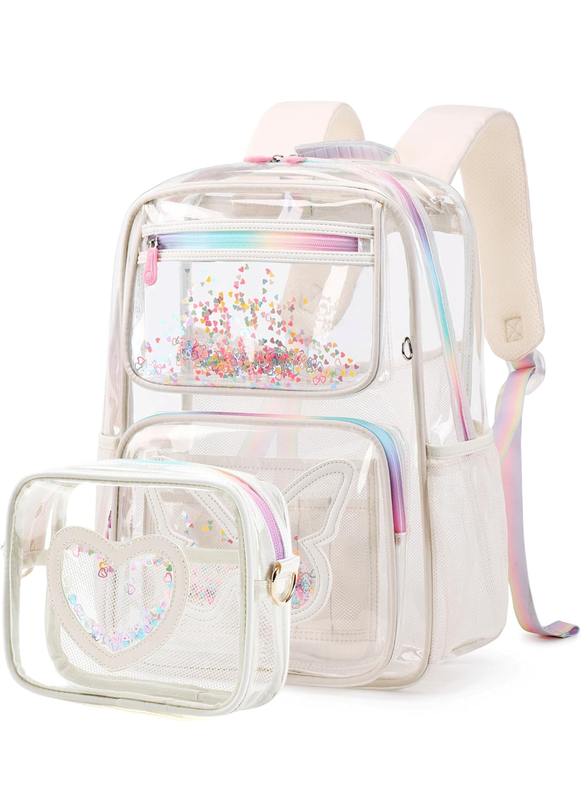 Girls Clear Backpack,2 PCS Large Backpacks Set,Heavy Duty Bookbag Stadium Approved Daypack Transparent Women Bag See Through Daypack for Kids Elementary Middle School Students Teens Sport Beige
