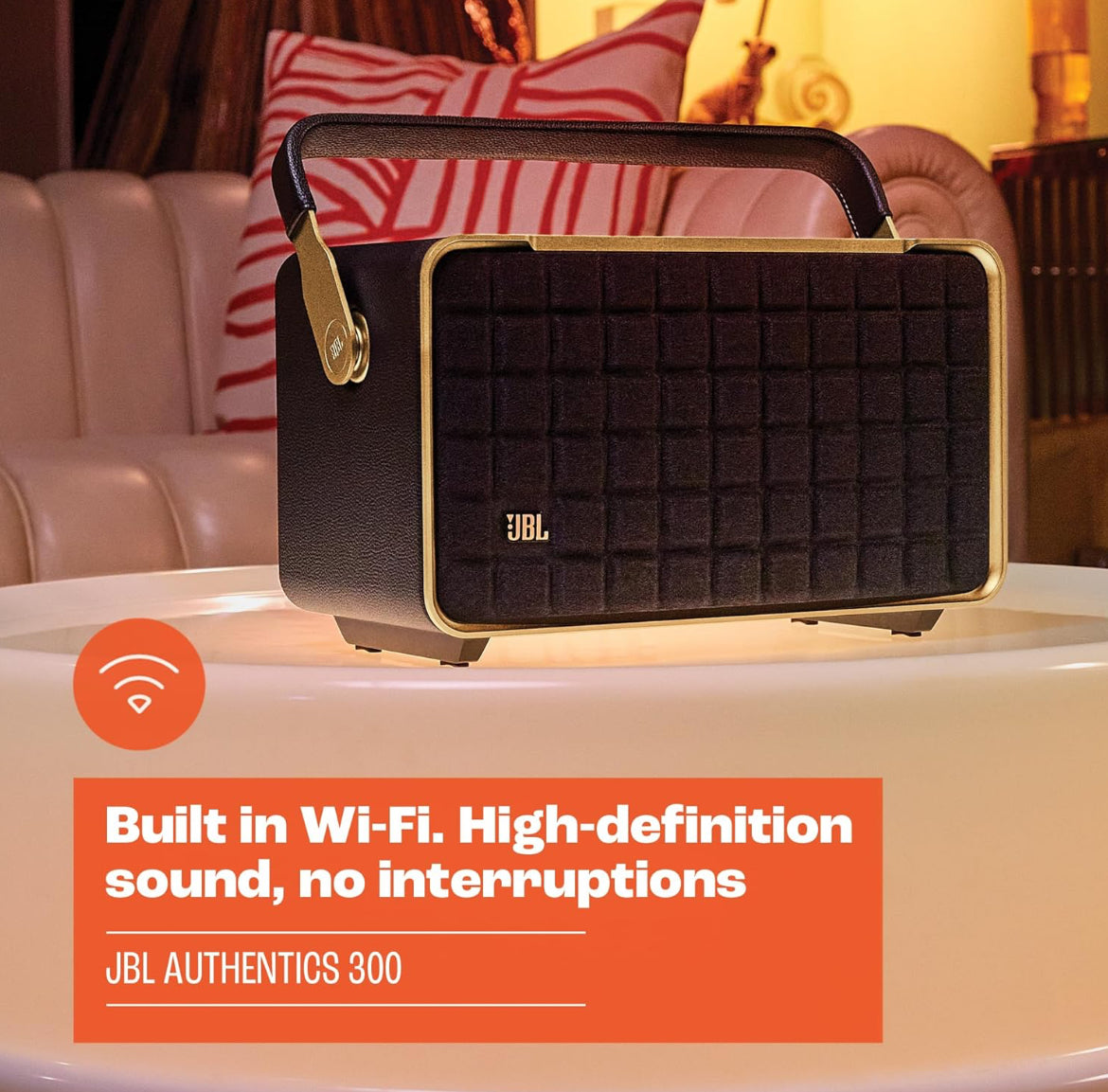 JBL Authentics 300 - Retro Style Wireless Bluetooth/WiFi Home Speaker, Built in Battery (4800mAh) - (Black/Gold)