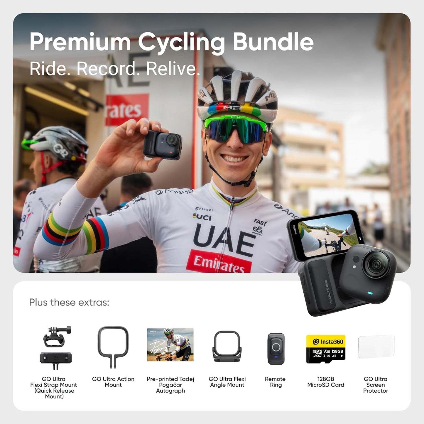 Insta360 GO Ultra Premium Cycling Bundle - Small 4K Vlogging Camera, Hands-Free, POV Cam, 1/1.28" Sensor, 53g Lightweight, 156° FOV, 200 Min Battery Life, Magnetic Wearable Action Camera for Sports