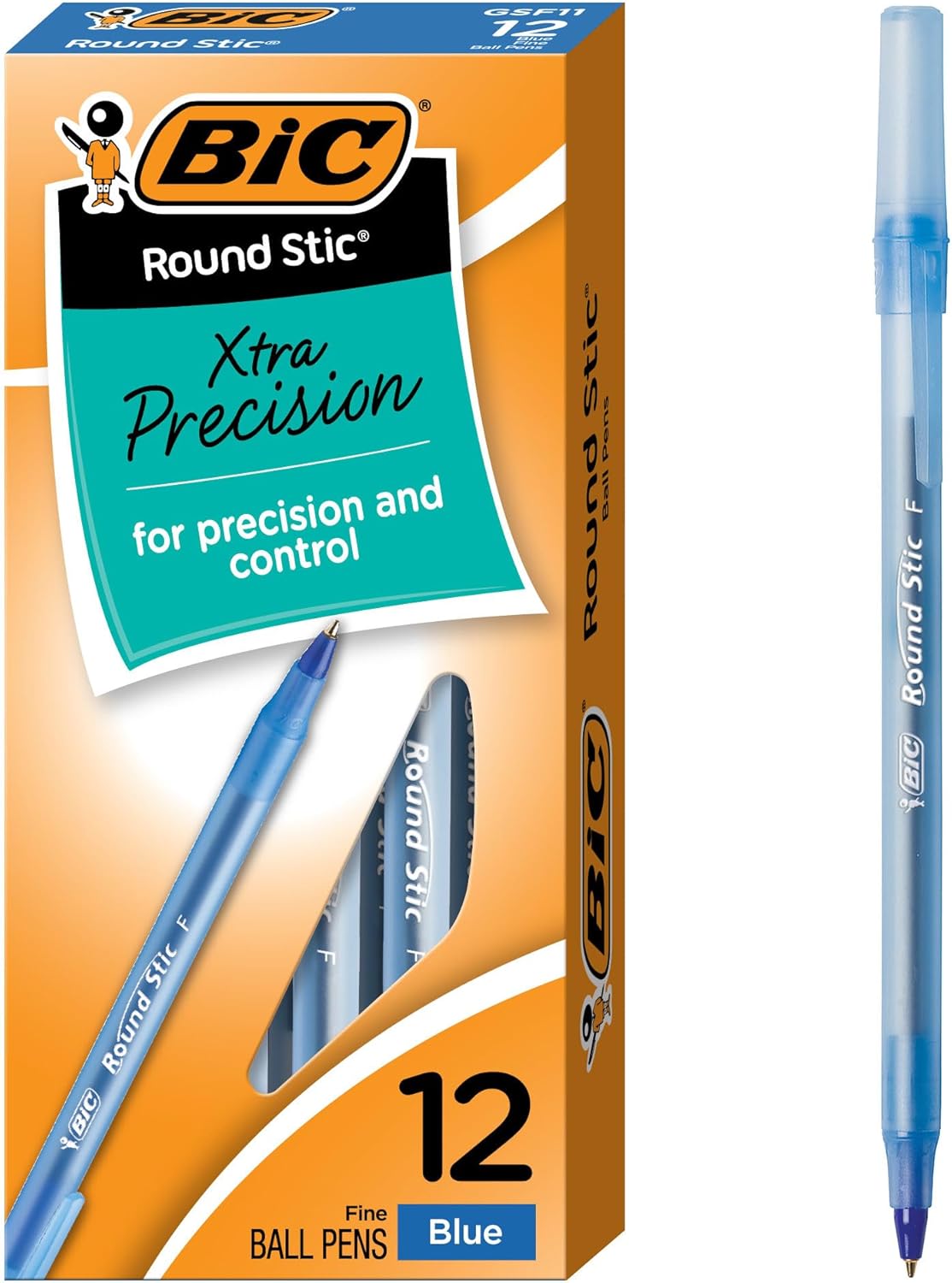 BIC Round Stic Xtra Precision Fine Blue Ballpoint Pens, Medium Point (0.8 mm), 12CT (Pack of 3)