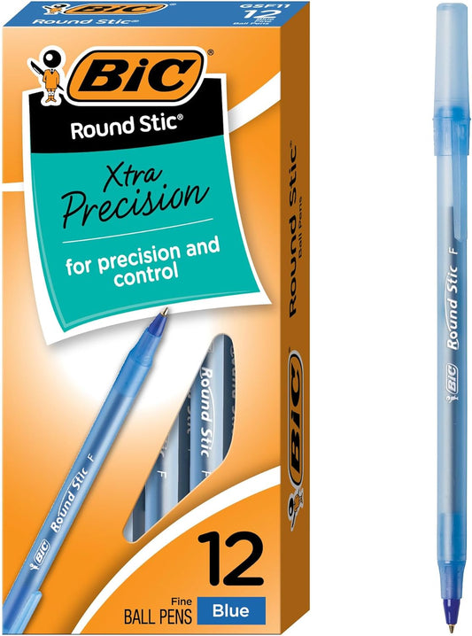 BIC Round Stic Xtra Precision Fine Blou Balpuntpenne, Medium Punt (0.8 mm), 12 ST (Pak van 3)