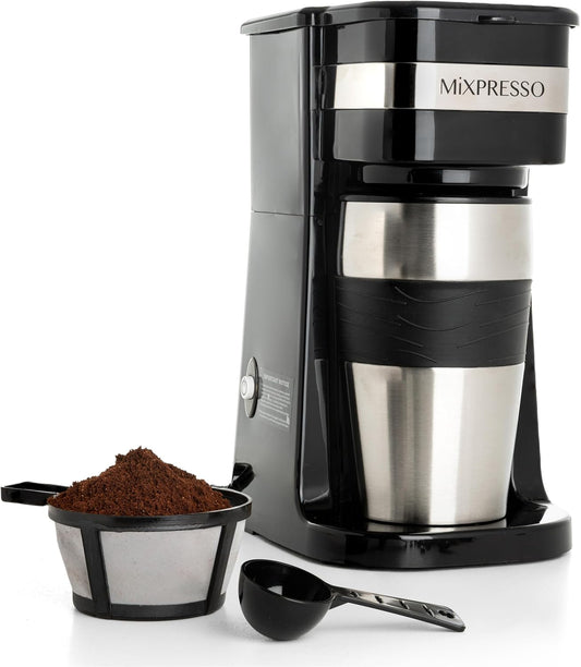 Mixpresso Swart Persoonlike Enkelbediening Koffiemaker met 414 ml Reismok, Drup Klein Koffiemaker met Outomatiese Afskakeling, Herbruikbare Filter, Werk Slegs met Gemaalde Koffie – Nie vir K-Cup Peule nie