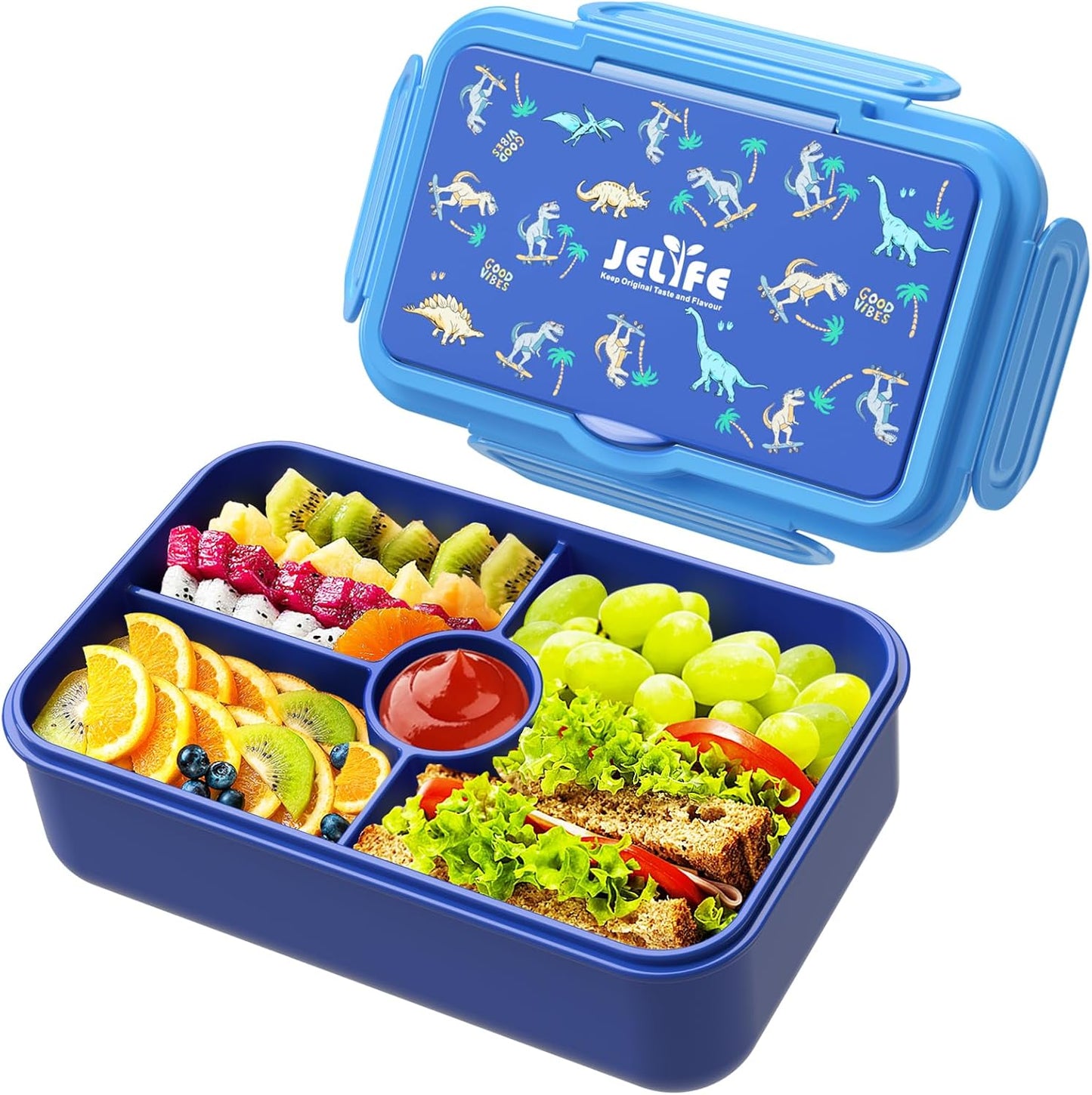 Bento Lunch Box -  Leakproof 4 Compartments Large Bento-Style Bento Box Containers w/ Tableware - Dinasour