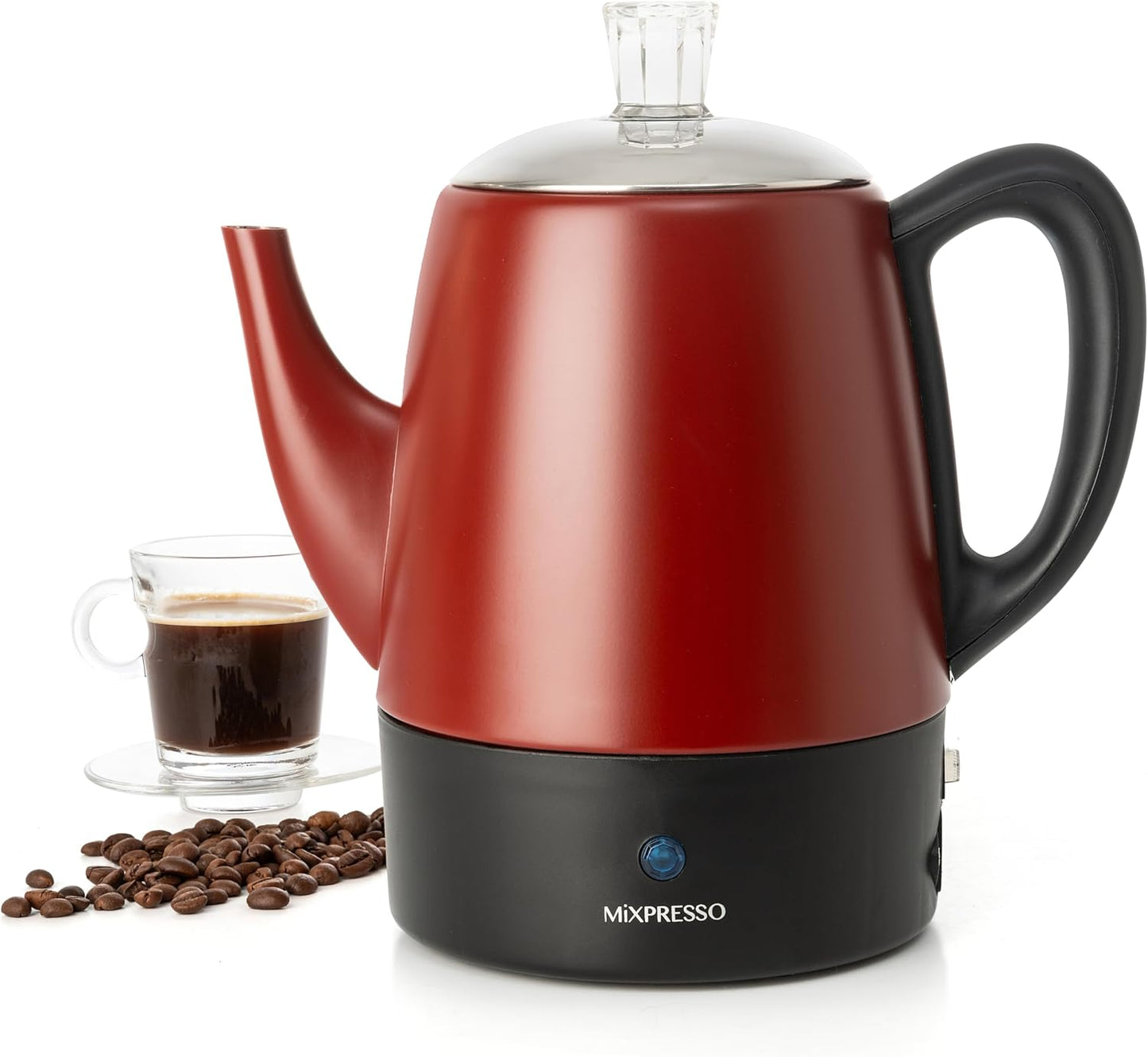 Mixpresso Rooi Klein Perkolator Koffiepot Elektries 4 Koppies, Vlekvrye Staal Koffiemaker, Koffie Perkolator Elektries Met Warmhou-funksie, 4 Koppies Vlekvrye Staal Perkolator Met Mandjie