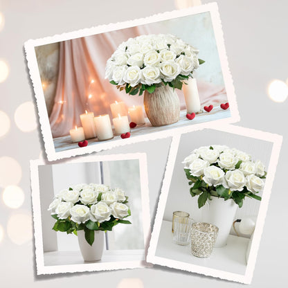 50 PCS Bulk Artificial Flowers, Fake Velvet Silk White Roses W/ Long Stems