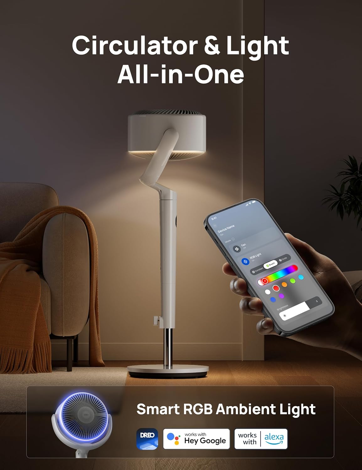 Slim Ossillerende Waaier 120° Omni-Rigting, 90vt Stil Voetstuk m/ RGB-Lig, 9 Spoede, 6 Modusse 8H Tydhouer, Wi-Fi/Stem, 37-42" - Wit