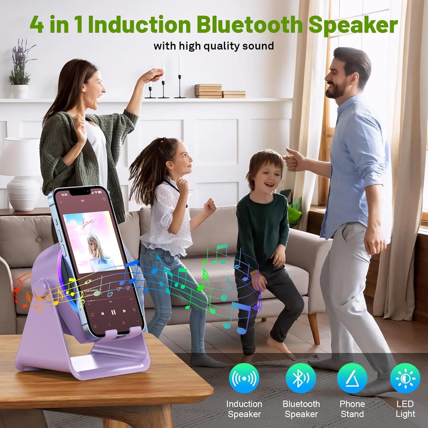 Wireless Induction Audio Bluetooth Speaker, 4 in 1 Phone Stand Speakers Amplifier with Colorful Ambient Light,360° Adjustable Holder- Purple
