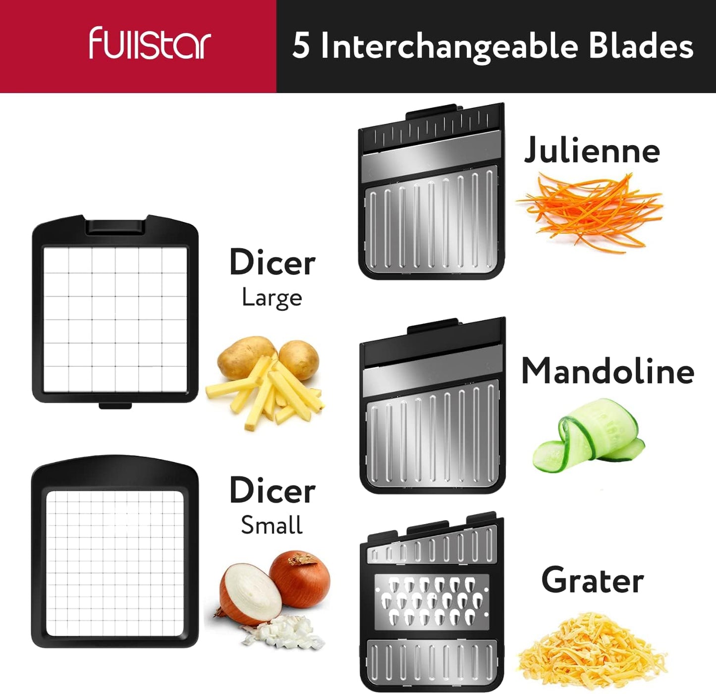 Fullstar Alles-in-1 Groentesnyer en Mandolien vir Kombuis - Kaasrasper, Fransebraai-Snyer, Kaassnyer - Bonus Handheld Spiraliseerder Ingesluit (6-in-1, Vlekvrye Staal)