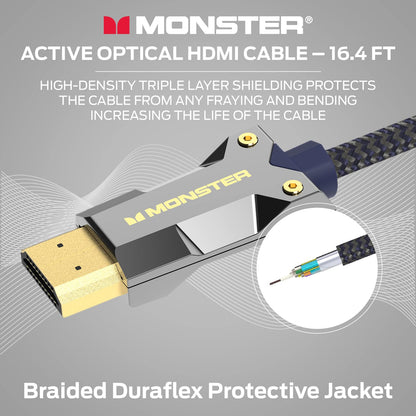 Monster M-reeks Aktiewe Optiese Kabel Lightwave Gesertifiseerde Premium HDMI 2.1-48 Gbps Kabel met Aluminium Ekstrusie Konnektor, V-Grip, Duraflex Beskermende Baadjie - Ondersteun 8K @ 60HZ, 4K @ 120HZ, 16.4 VT