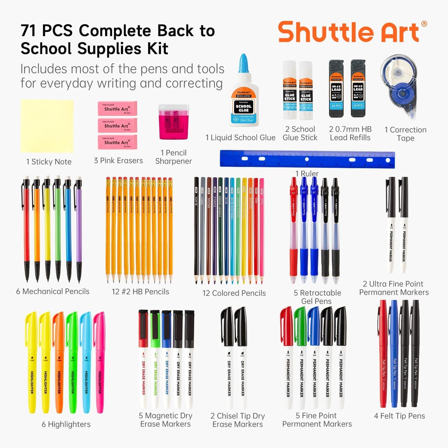 Back to School Supplies (71 Pack) with Highlighters, Pencils, Gel Pens, Dry Erase Markers, Felt Tip Pens, Glue