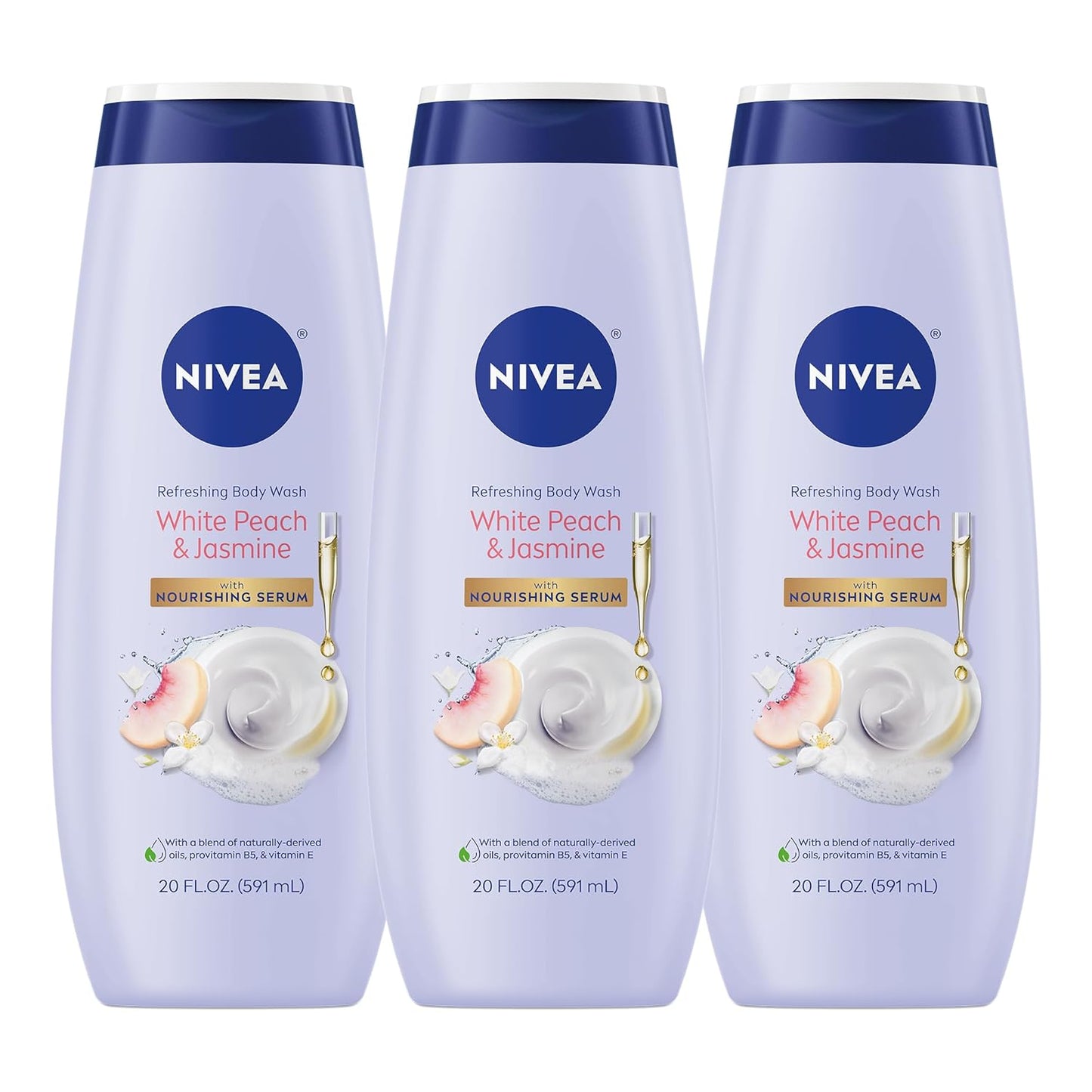 NIVEA Refreshing White Peach and Jasmine Body Wash with Nourishing Serum, Scented Body Wash for Women, Enriched with Provitamin B5 and Vitamin E, 20 Fl Oz Bottle - 3 Pack