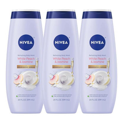 NIVEA Refreshing White Peach and Jasmine Body Wash with Nourishing Serum, Scented Body Wash for Women, Enriched with Provitamin B5 and Vitamin E, 20 Fl Oz Bottle - 3 Pack