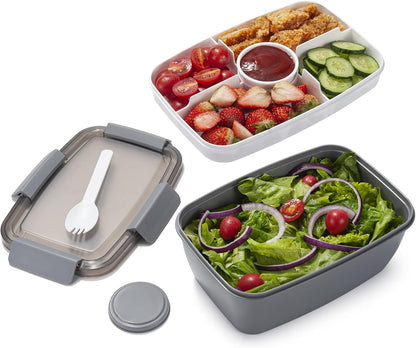 Freshmage Slaai Middagete Houer Vir Onderweg, 68-oz Grys-XL, Lekvrye Deksel, 4 Kompartemente, Soushouer, Veilige Materiaal, Maklik Om Te Dra