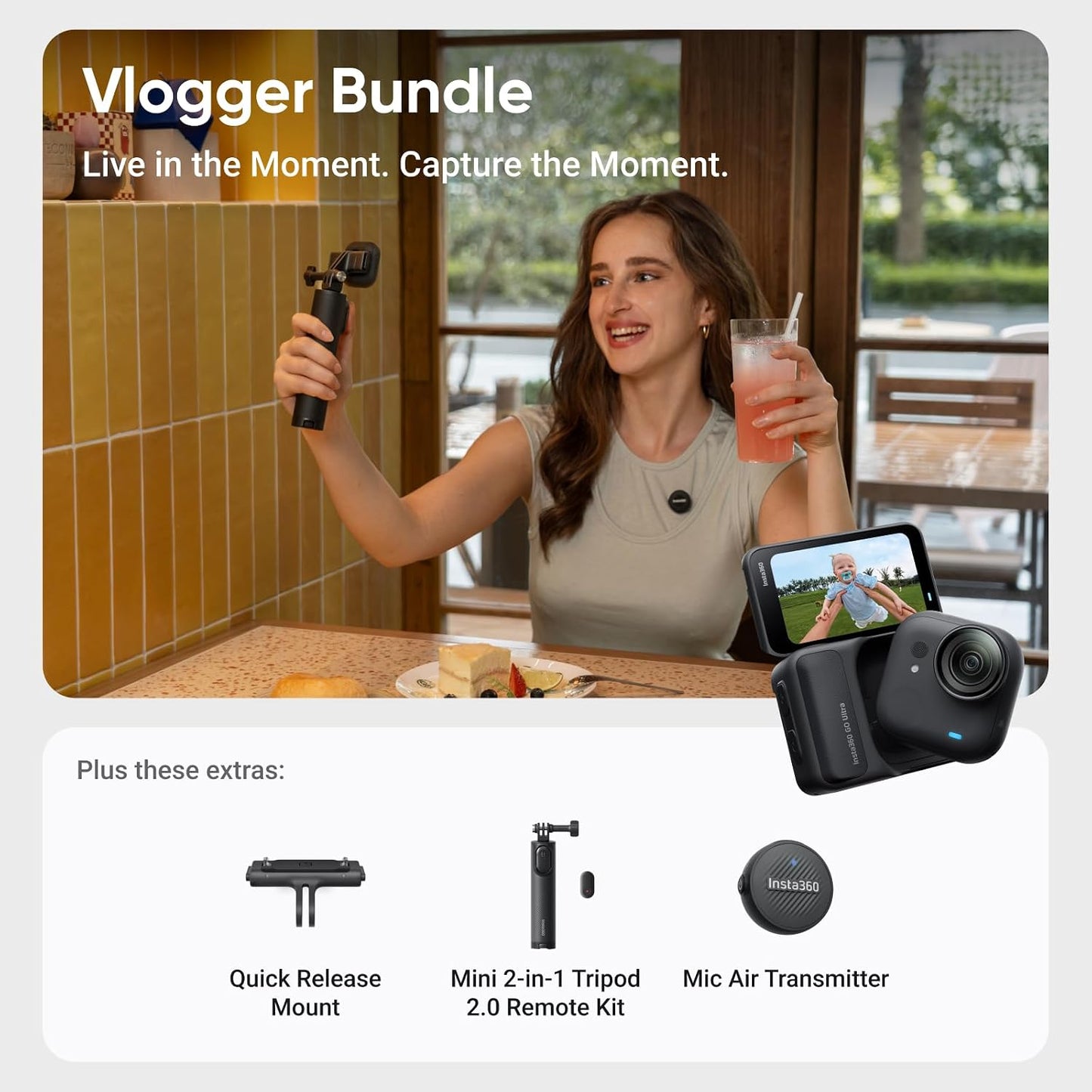 Insta360 GO Ultra Vlogger Bundle - Small 4K Vlogging Camera, Hands-Free, POV Cam, 1/1.28" Sensor, 53g Lightweight, 156° FOV, 200 Min Battery Life, Magnetic Wearable Action Camera for Sports, Vlog