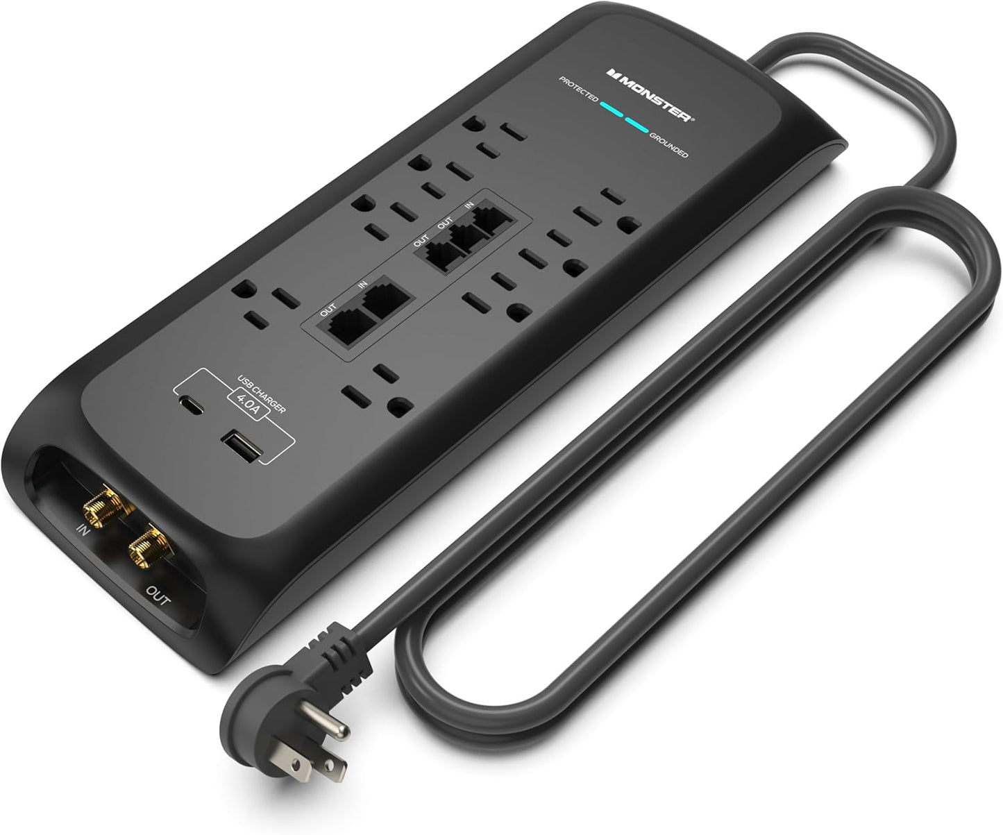 Monster Power Surge Protector w/ 4,050 Jules Rating — Heavy Duty Power Strips with Surge Protection, 8 Outlets, USB-A & USB-C, 2 Coax, 5 Ethernet Ports, Fireproof MOV, Dual Mode (6FT Cord, Black)